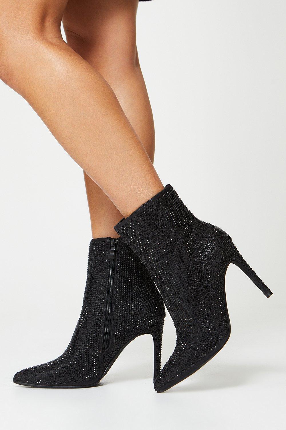 Tamia Embellished Pointed Stiletto Ankle Boots - Black