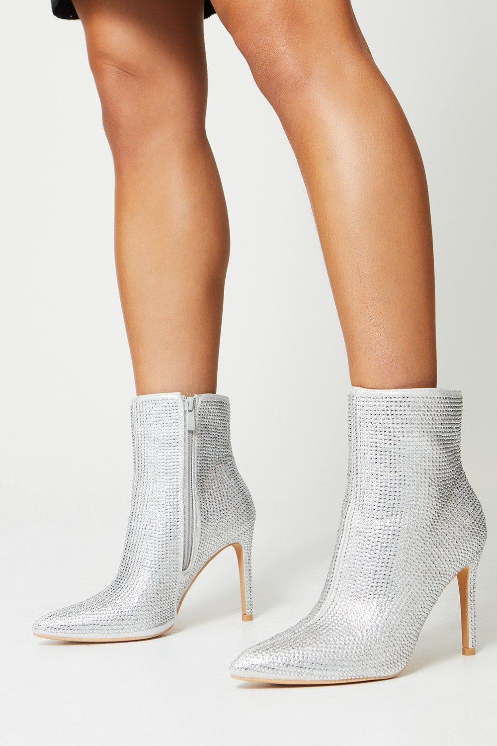Tamia Embellished Pointed Stiletto Ankle Boots - Silver