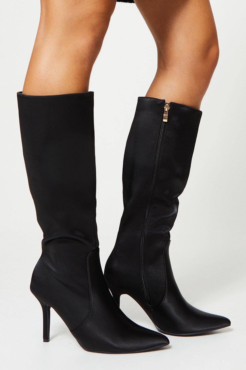 Teya Satin High Heel Pointed Knee Boots - Black