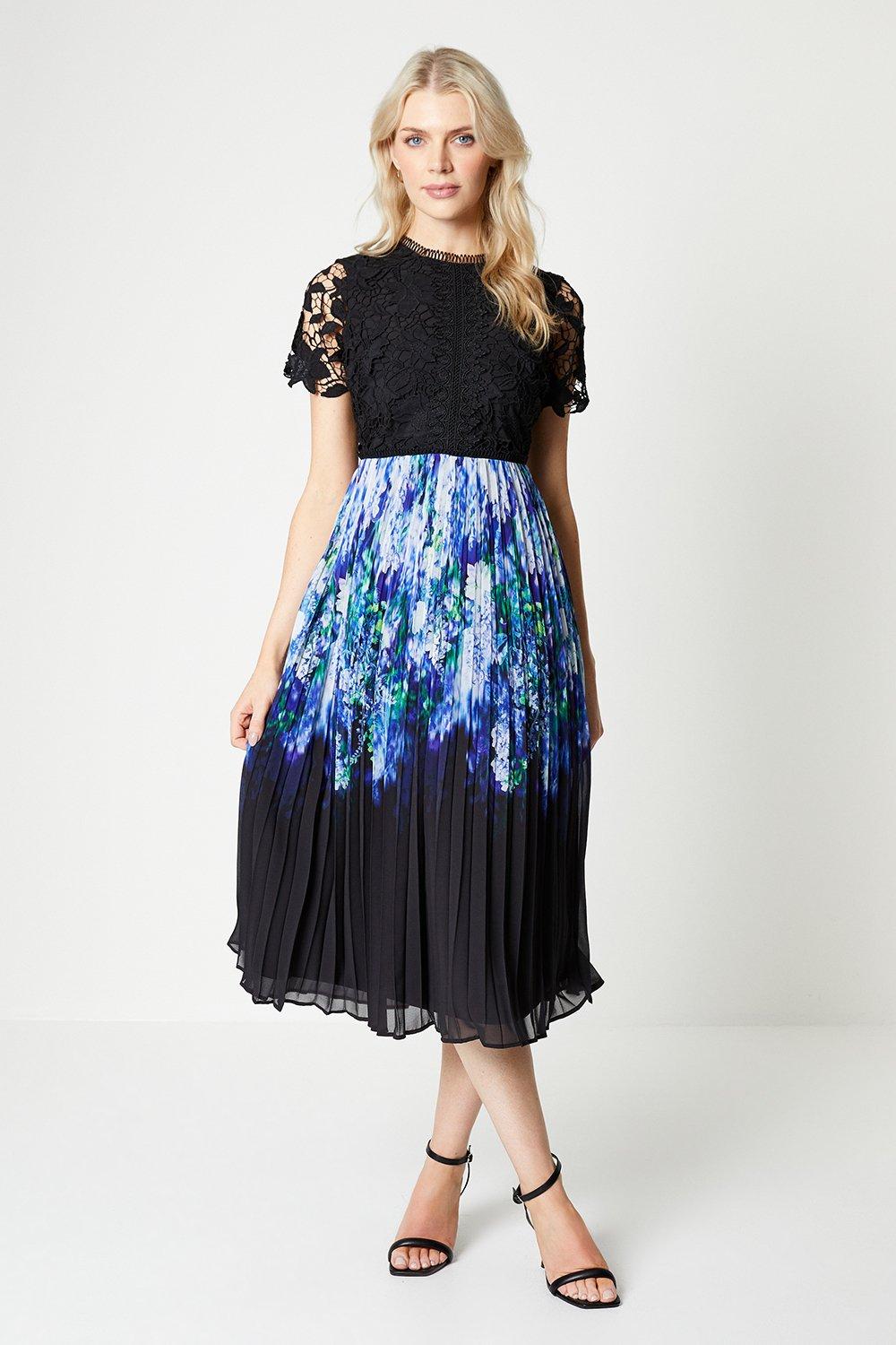 Lace Top Pleated Skirt Midi Dress