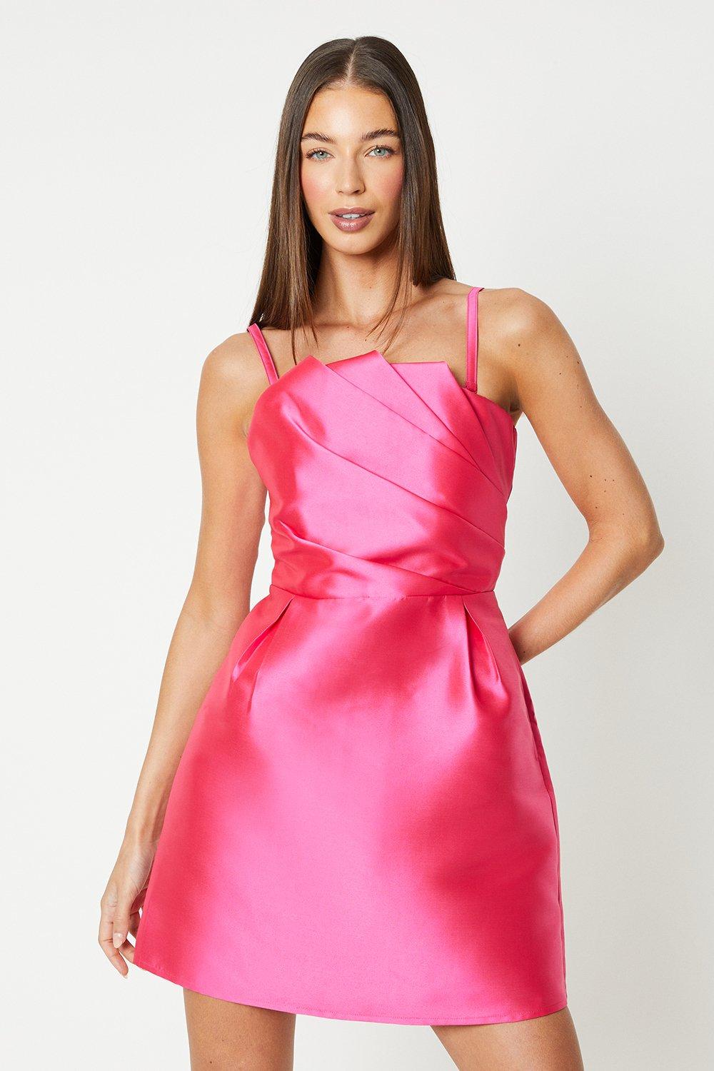 Pleat Front Bandeau Mini Dress - Pink
