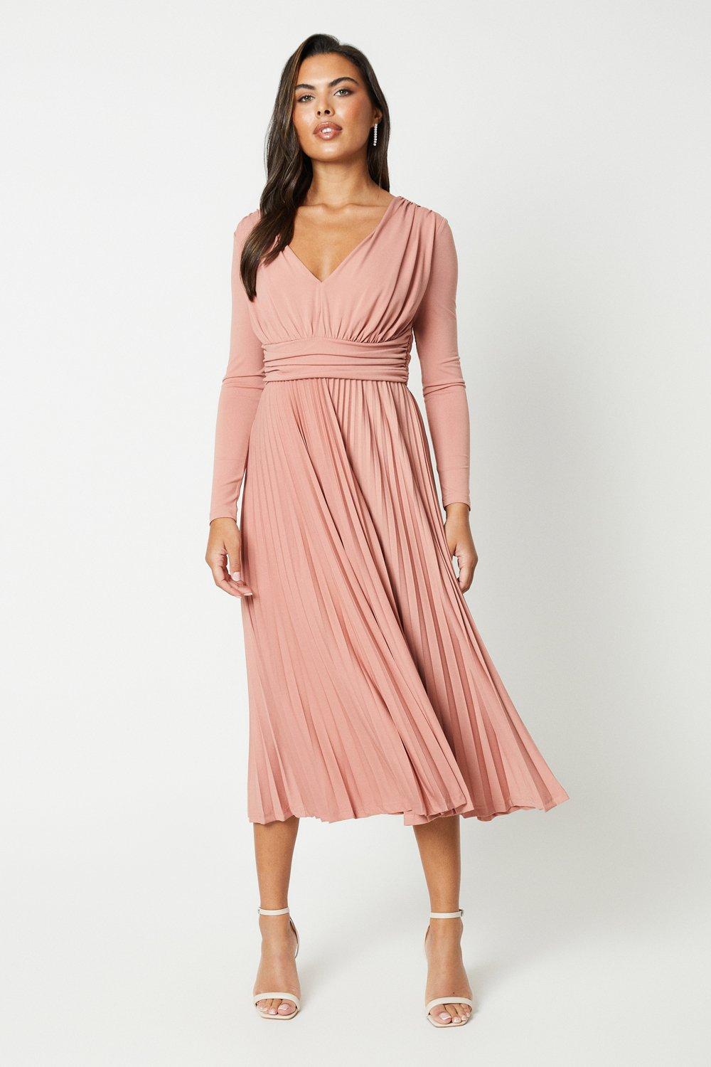 Pleated Skirt V Neck Dress - Pink