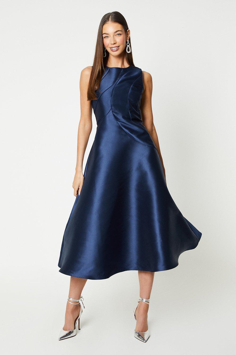 Twill Midi Dress With Piping - Navy