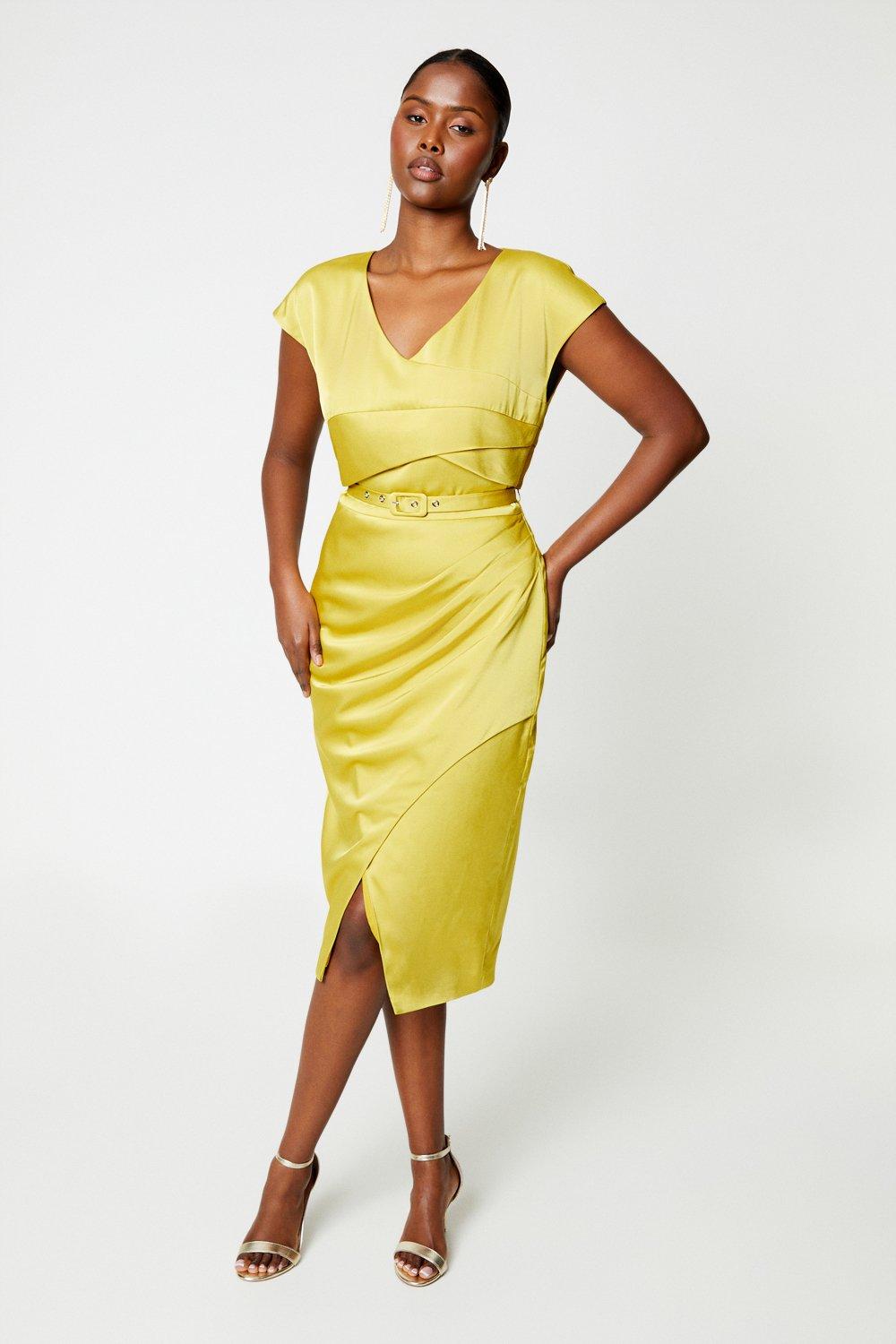 Satin Pencil Dress With Pleat Side - Chartreuse