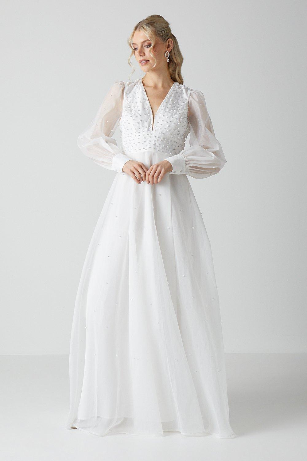 Embellished Pearl Organza Blouson Sleeve Wedding Dress - Ivory