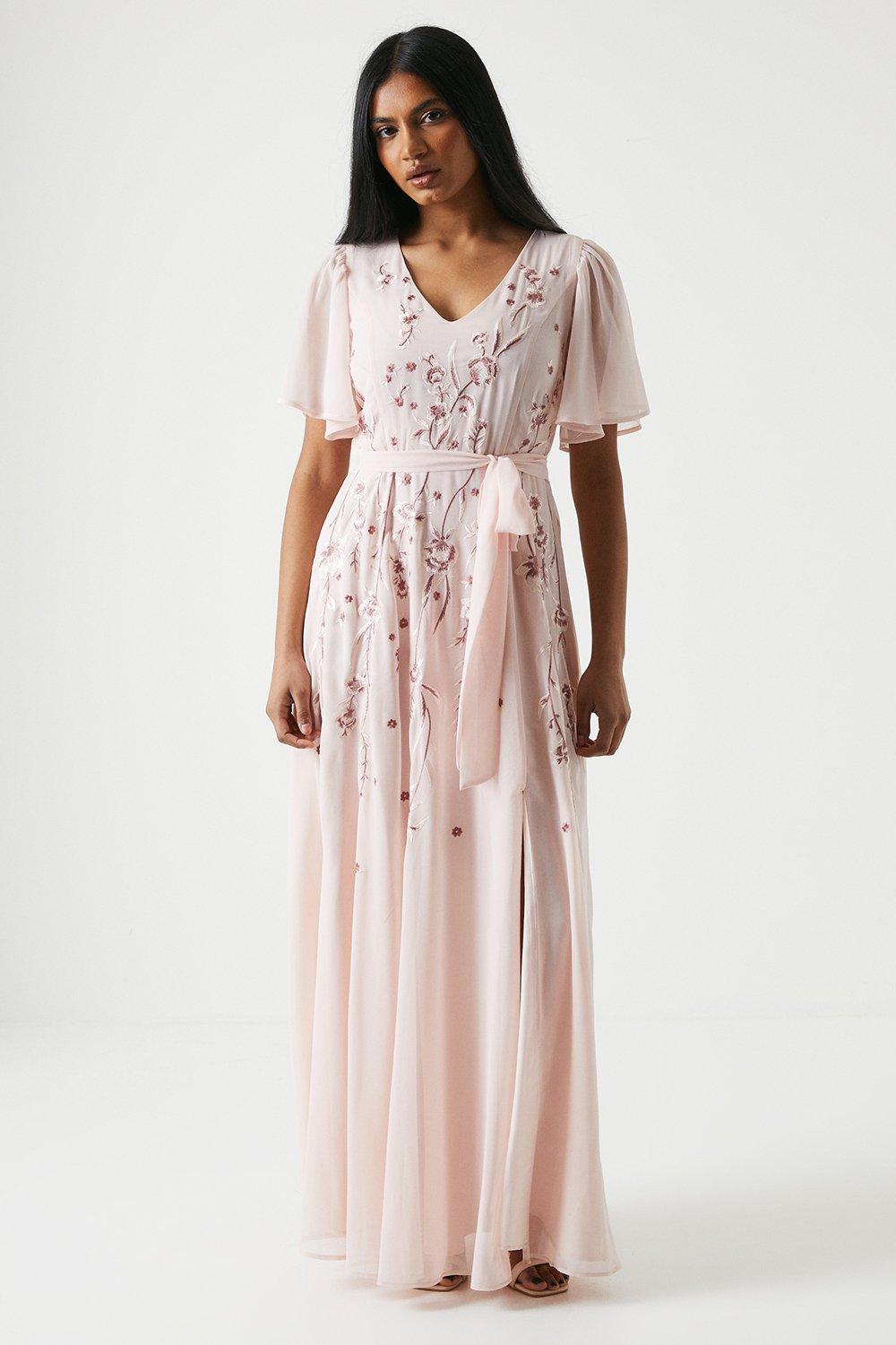 Petite Premium Floral Embroidered Bridesmaids Maxi Dress - Pink