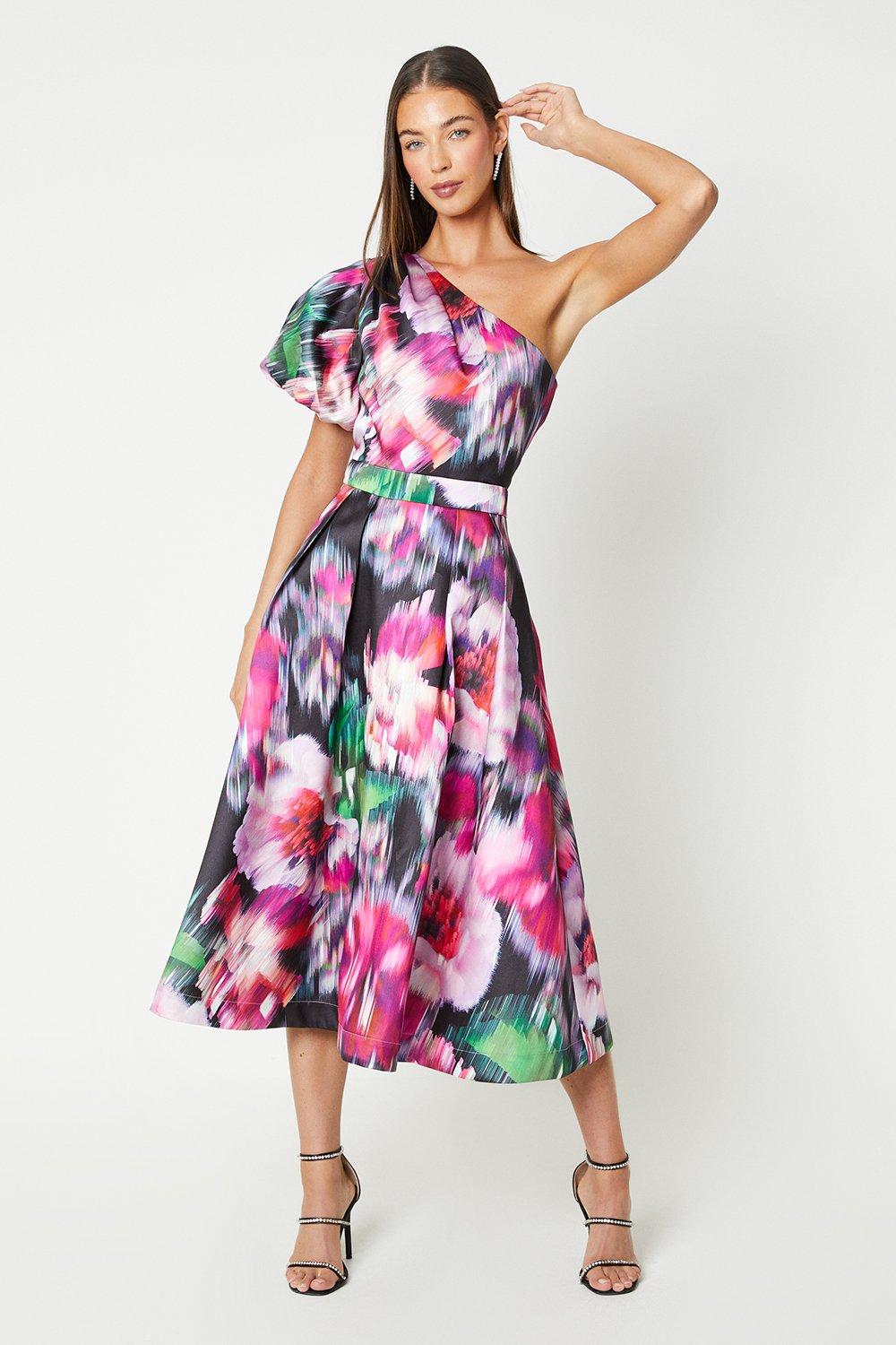 Printed One Shoulder Puff Sleeve Midi Dress