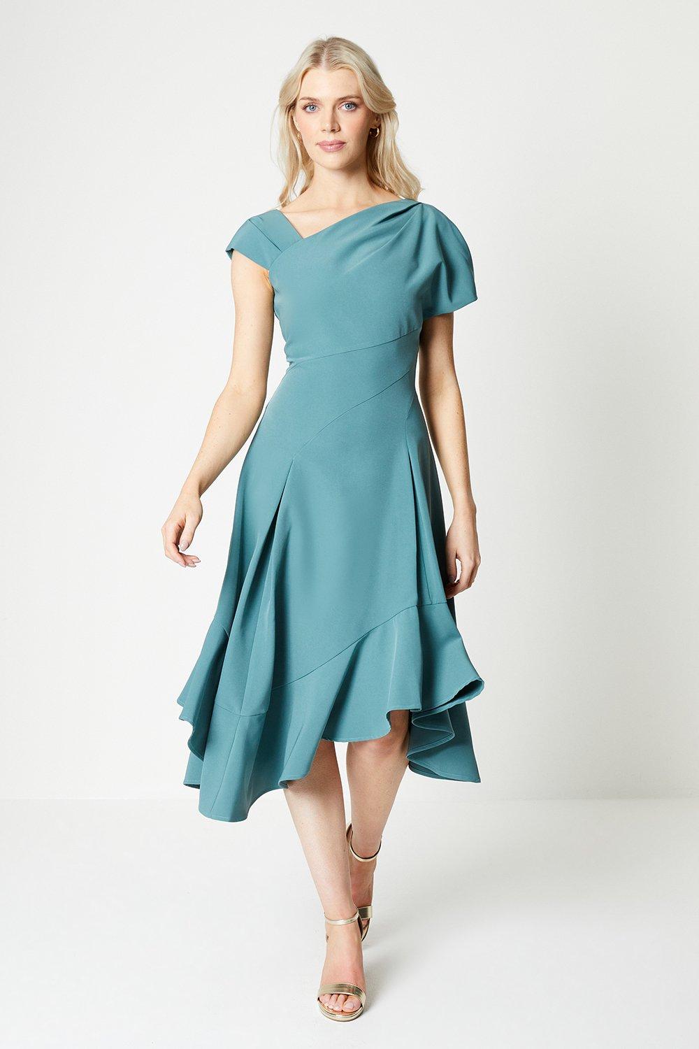 Asymmetric Neckline Panelled Skirt Midi Dress - Sage