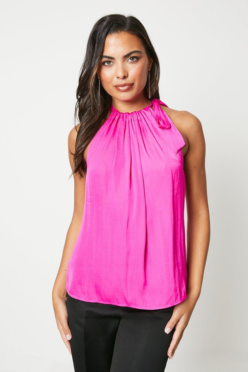 Ruched Bow Neck Fluid Satin Shell Top - Pink