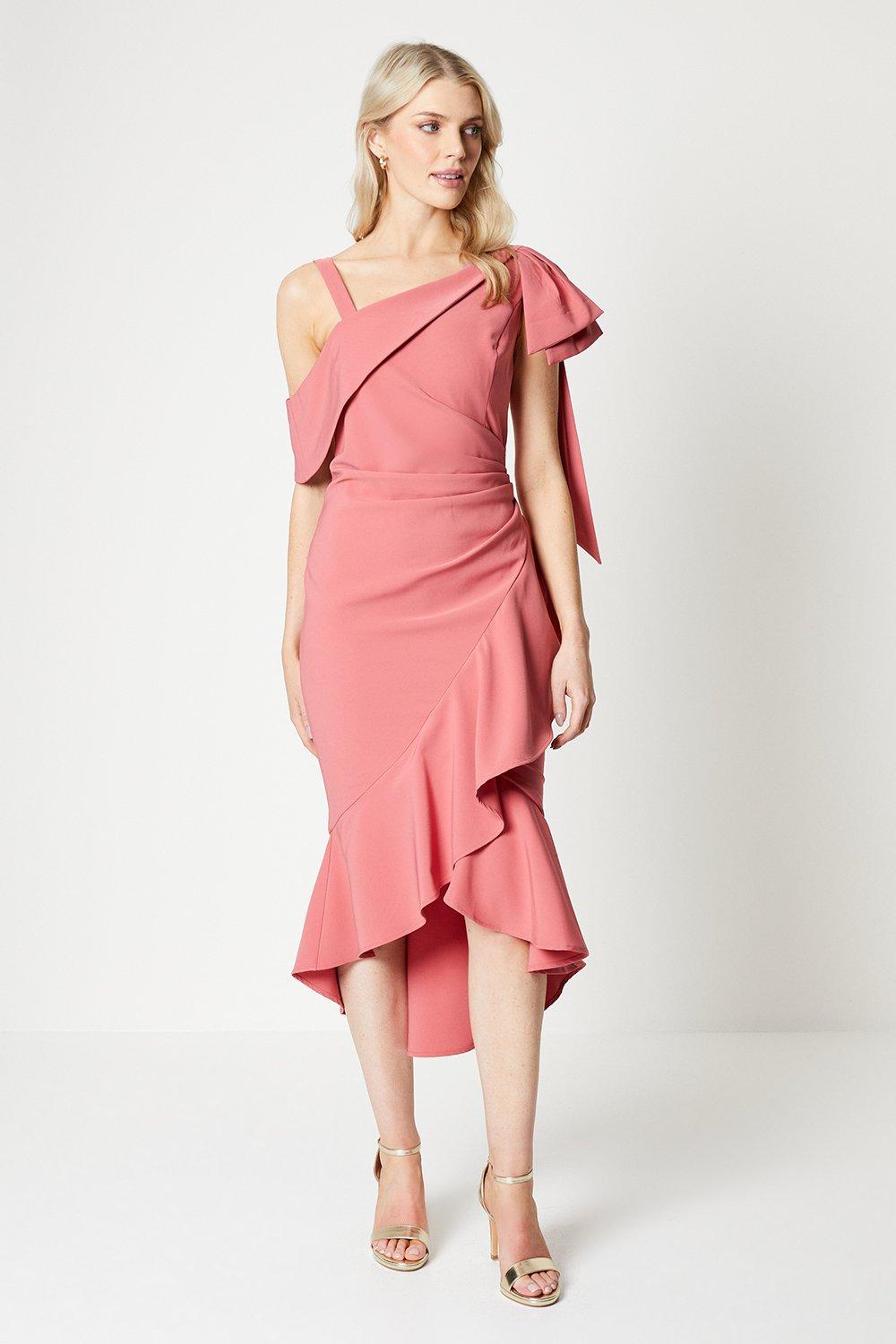 Bow Shoulder Ruffle Wrap Skirt Dress - Pink