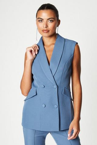 Light Blue Double-breasted Pantsuit for Women, Classic Blazer