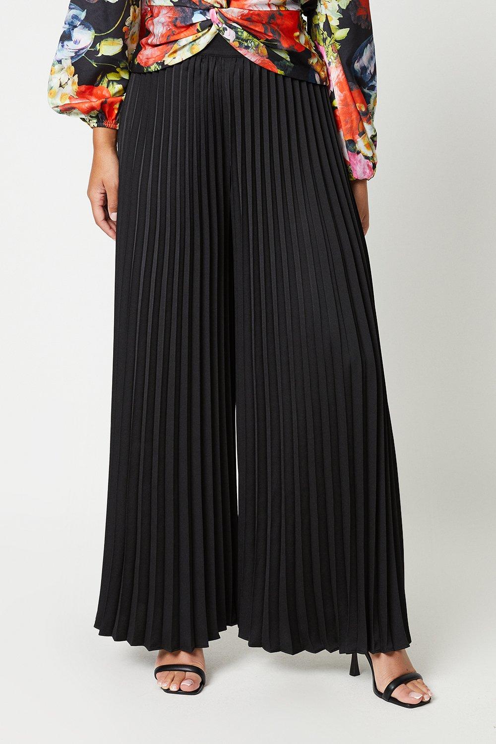 All Over Pleated Wide Leg Trousers - Black