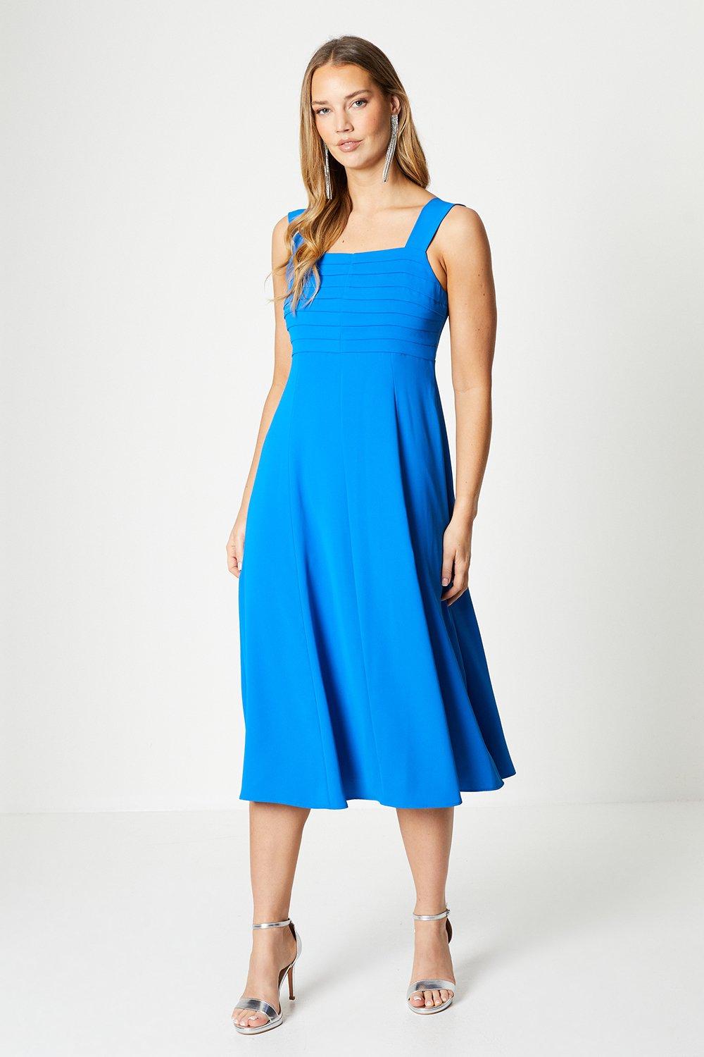 Pleat Bodice Midi Dress - Blue
