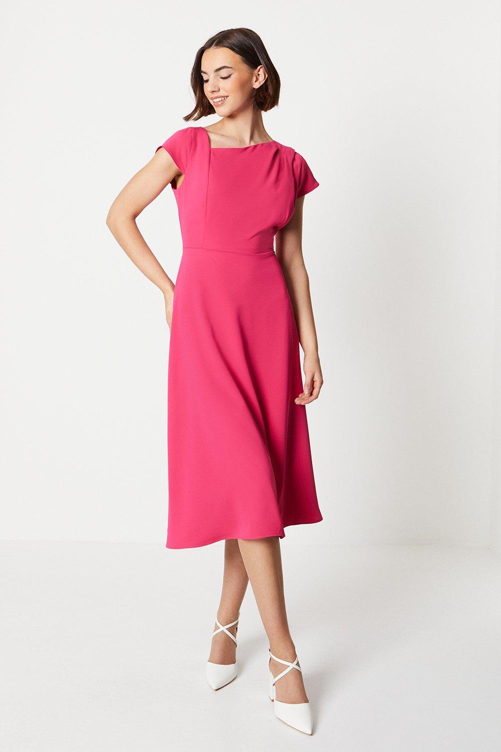 Asymmetric Neckline Fit And Flare Midi Dress - Pink