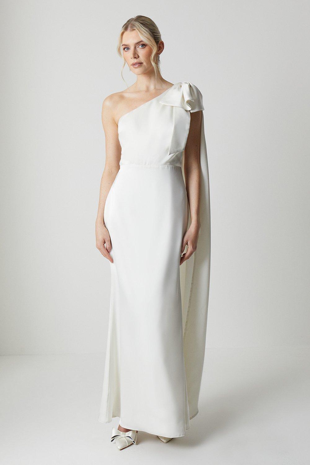 Bow And Drape Detail One Shoulder Satin Bridal Dress - Ivory