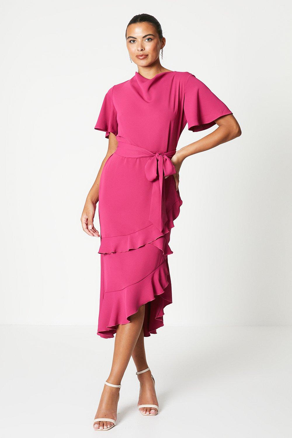 Ruffle Skirt Drape Neck Midi Dress - Pink