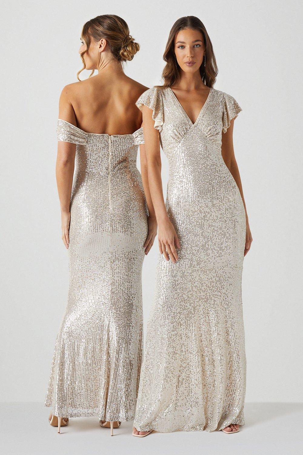 V Neck Angel Sleeve Sequin Maxi Bridesmaids Dress - Champagne
