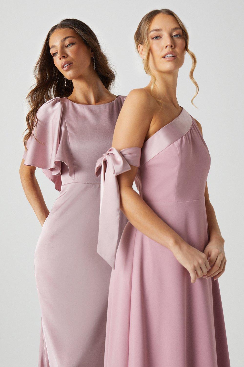 One Shoulder Contrast Satin Bridesmaid Dress - Pink