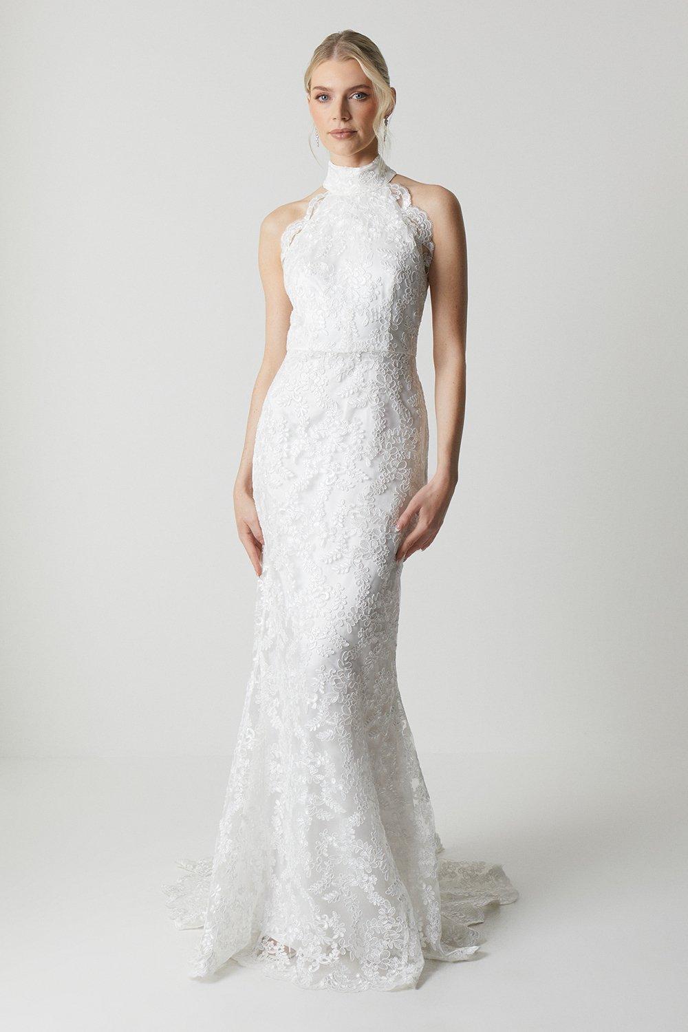 Dresses High Neck Embroidered Mesh Wedding Dress With Train Coast