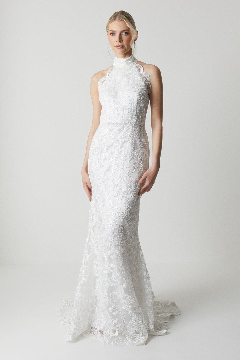 High Neck Embroidered Mesh Wedding Dress With Train - Ivory