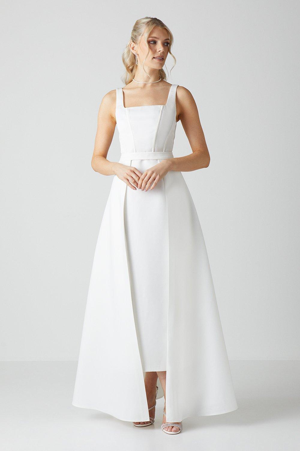 Column Twill Bridal Dress With Removable Belt Train - Ivory