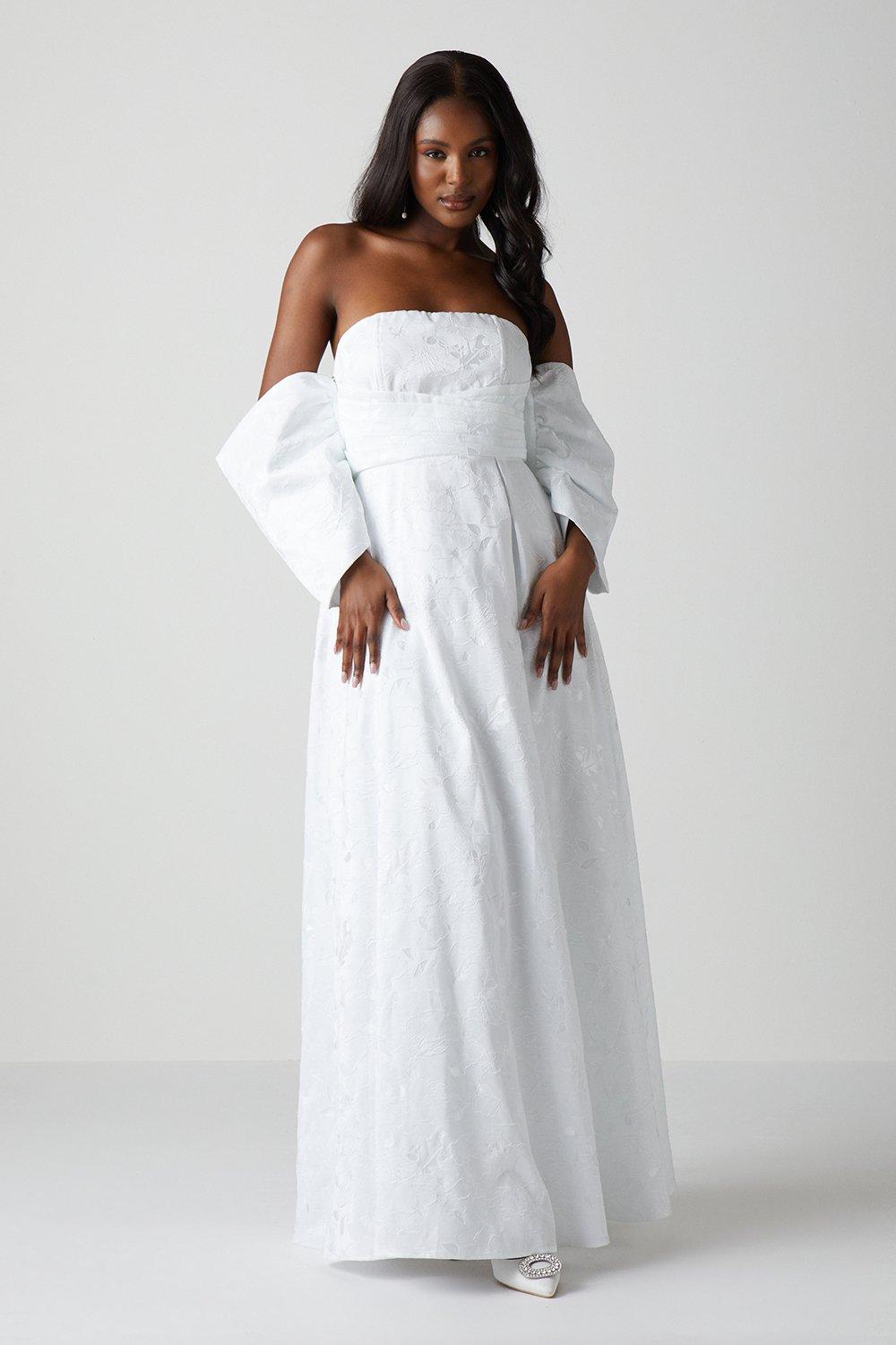 Detachable Shrug Bandeau Full Skirted Satin Wedding Dress - Ivory