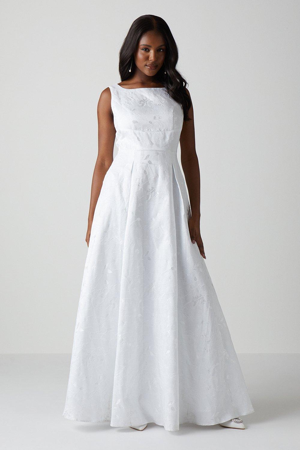 Bow Back Full Skirted Jacquard Wedding Dress - Ivory