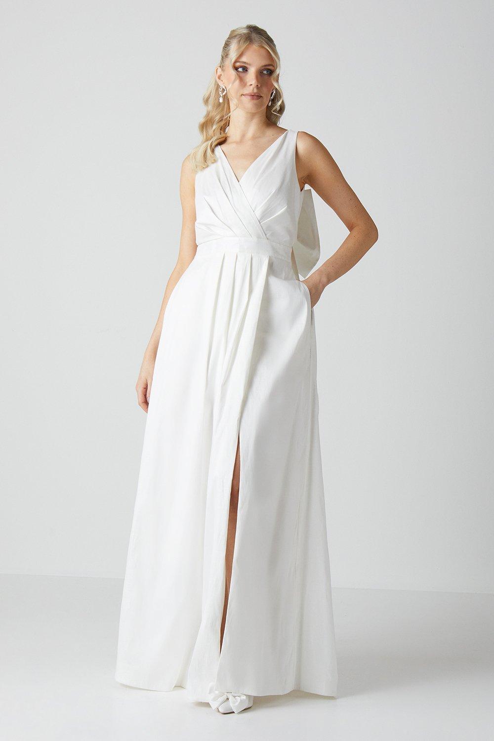 Wrap Front Full Skirted Wedding Dress With Taffeta Bow - Ivory