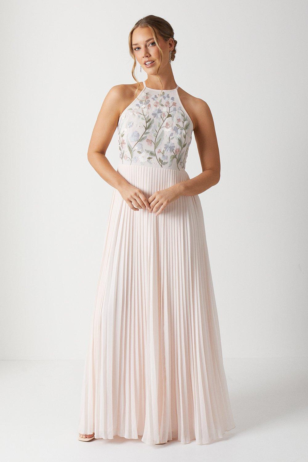Floral Embroidered Halterneck Wrap Waist Bridesmaids Dress - Pink