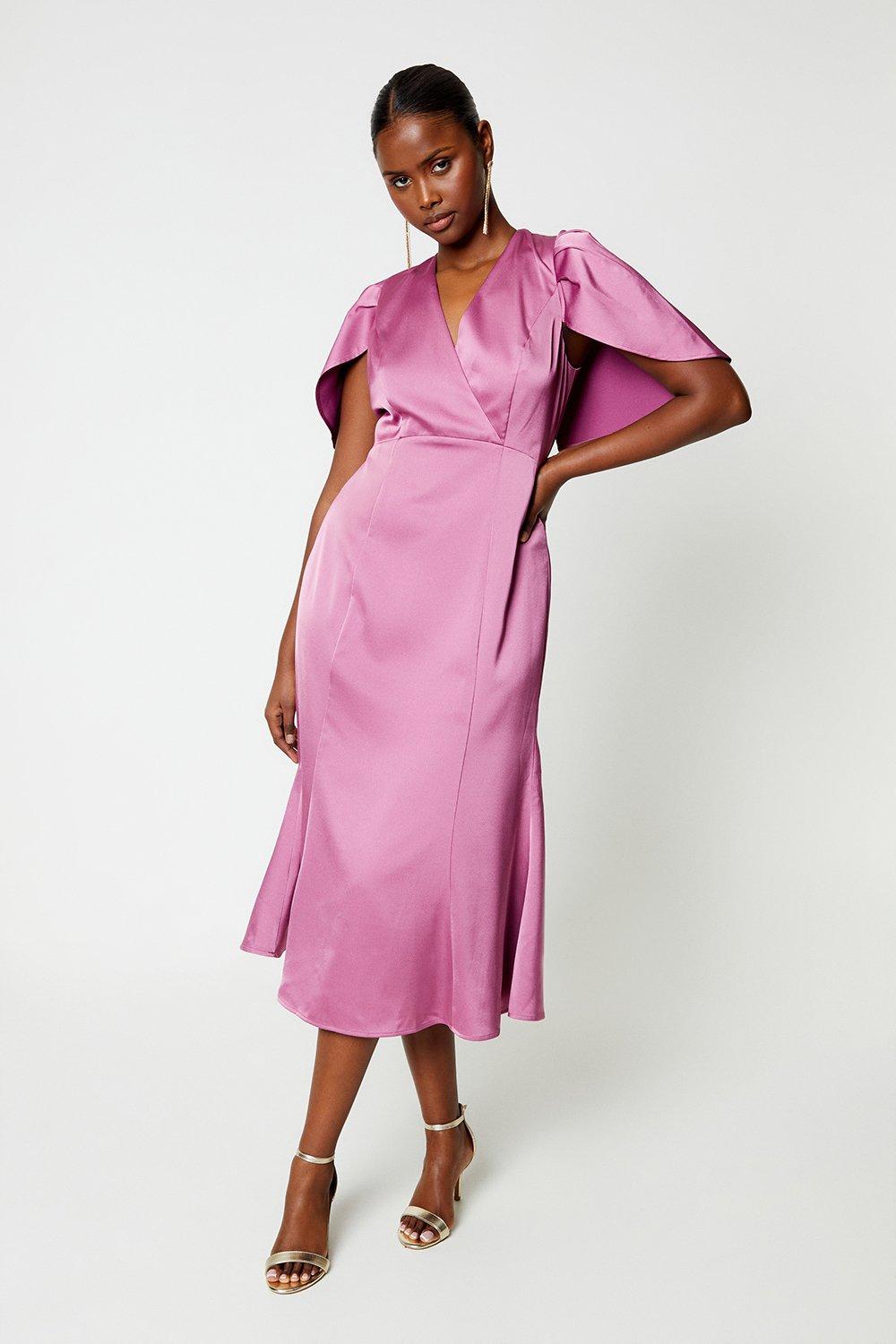 Pleat Detail Cape Sleeve Midi Dress - Dark Pink