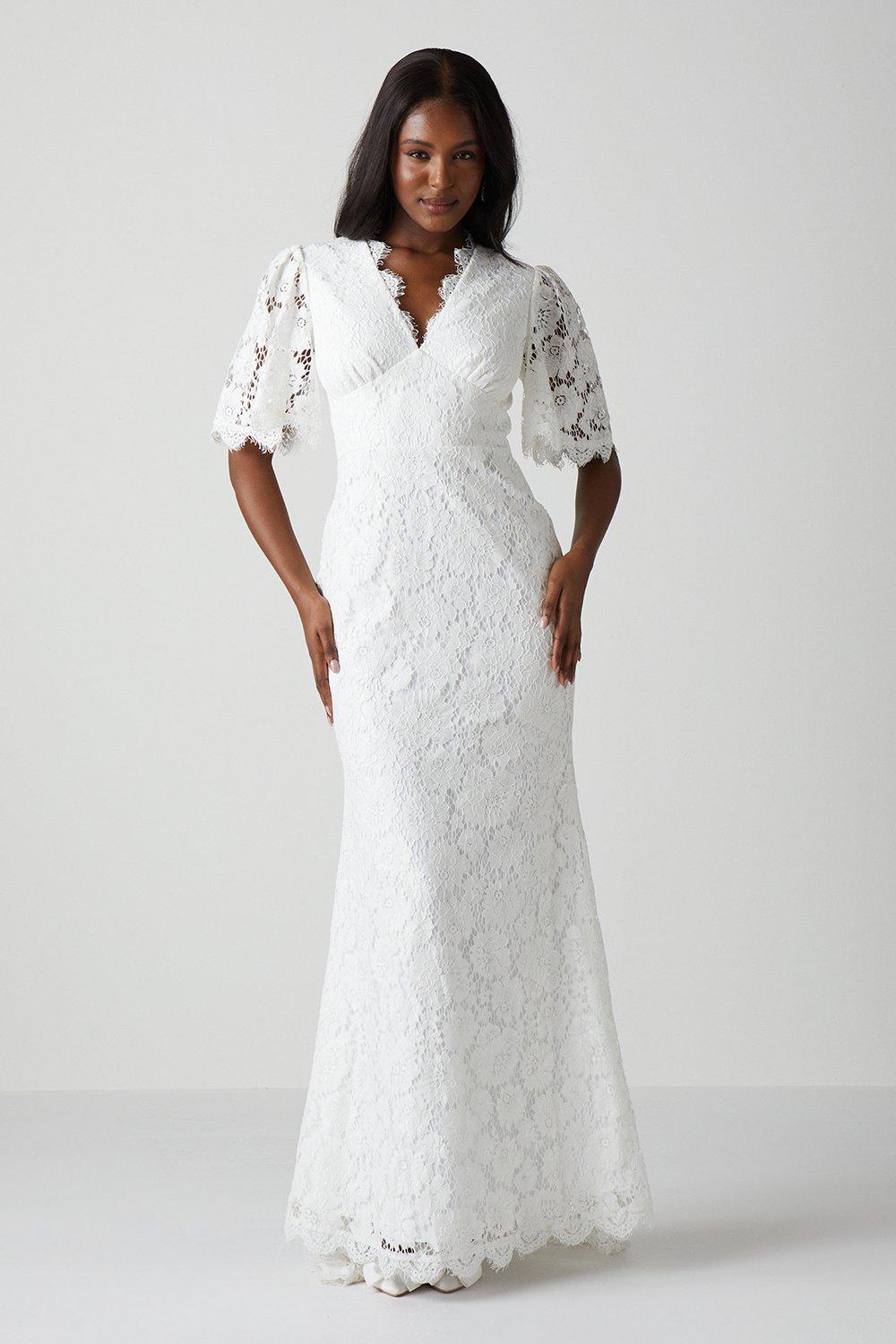 All Over Lace Angel Sleeve Fishtail Wedding Dress - Ivory