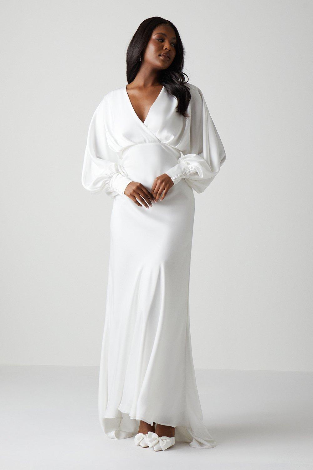 Blouson Sleeve Satin Tie Back Wedding Dress - Ivory