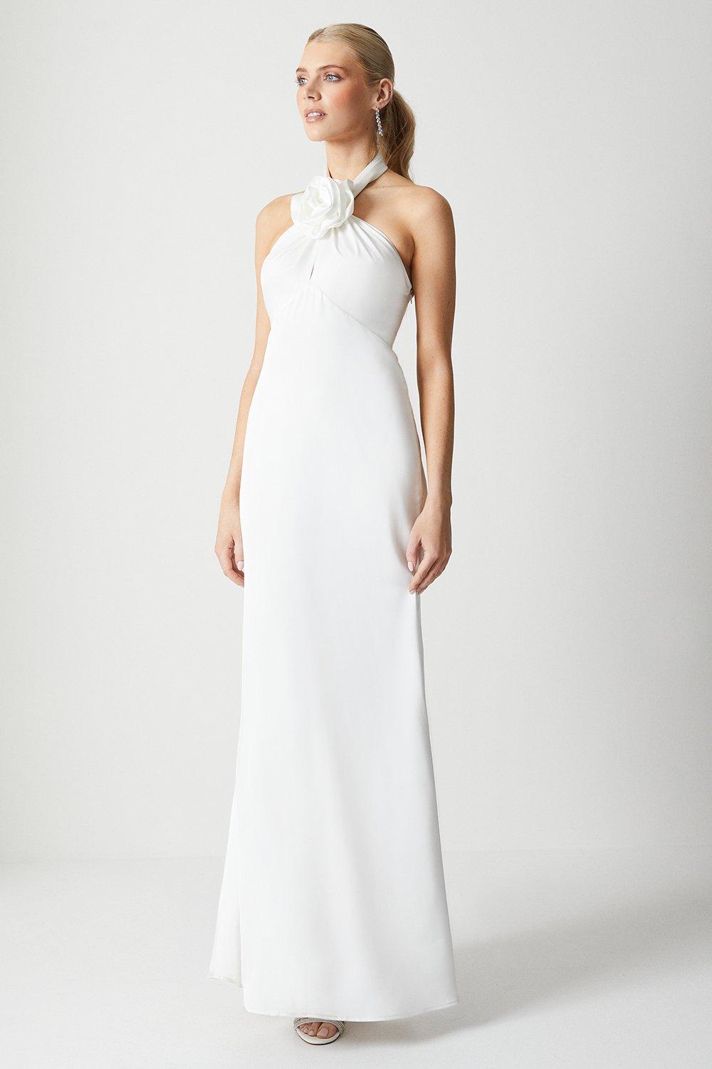 Corsage Halterneck Satin Wedding Dress - Ivory