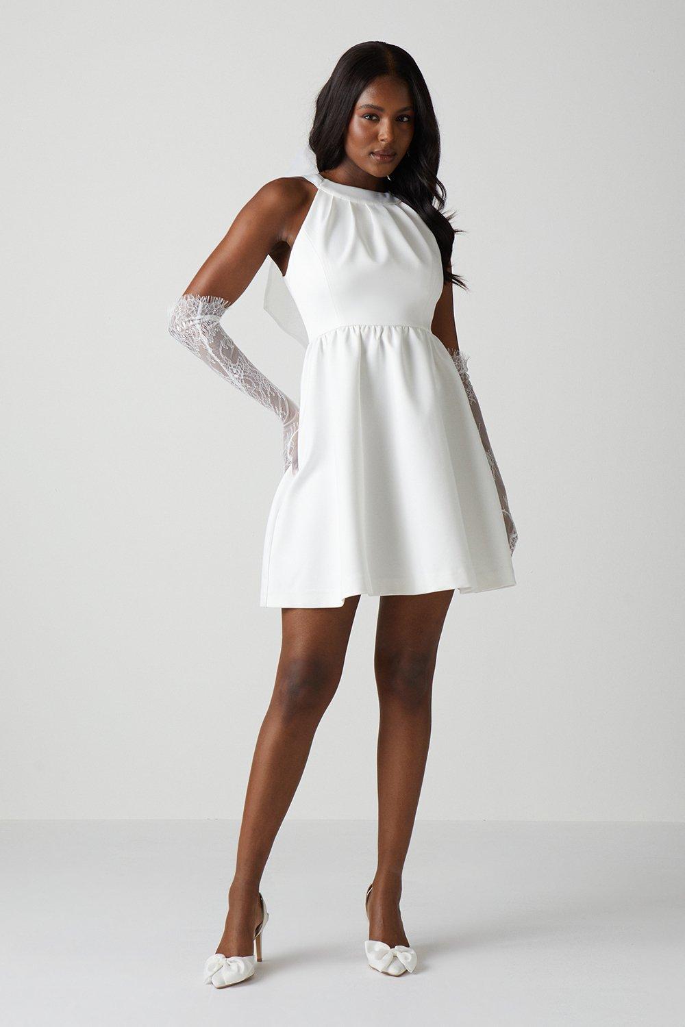 Organza Bow Halterneck Full Skirted Mini Dress - Ivory
