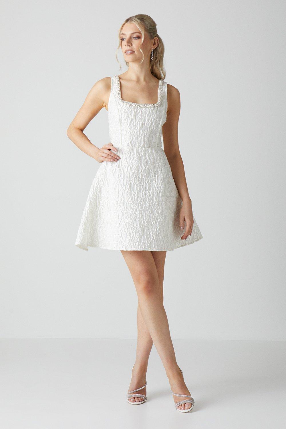Jacquard Full Skirted Mini Dress With Jewel Trim - Ivory