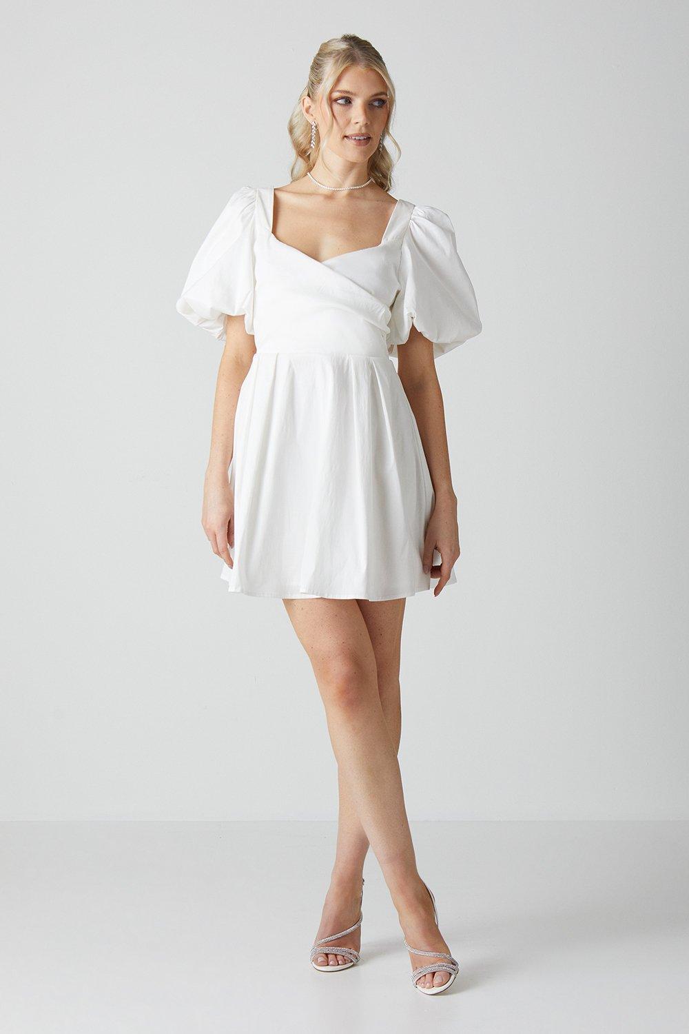Puff Sleeve Full Skirted Mini Dress With Tie Back - Ivory