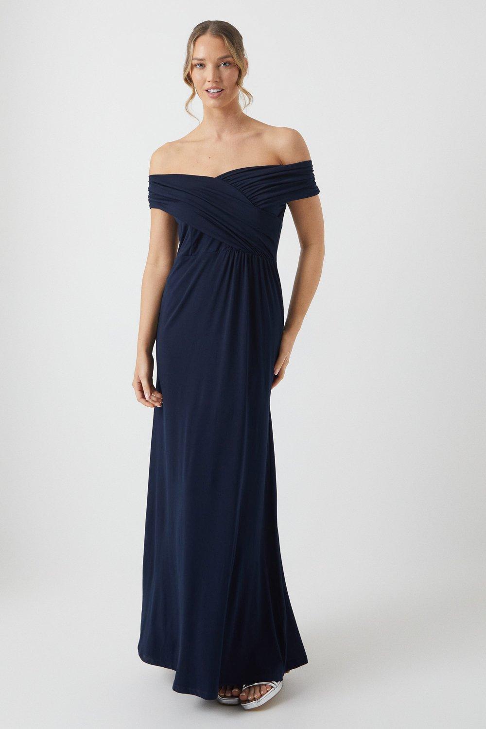 Bridesmaid navy bardot lace insert fishtail maxi on sale dress