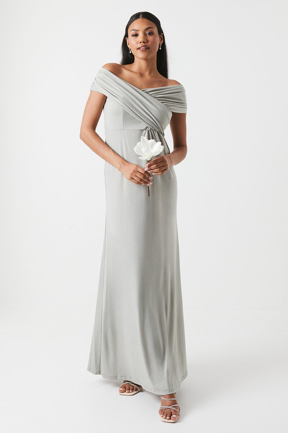 Ruched Bardot Fishtail Slinky Jersey Bridesmaids Maxi Dress - Sage