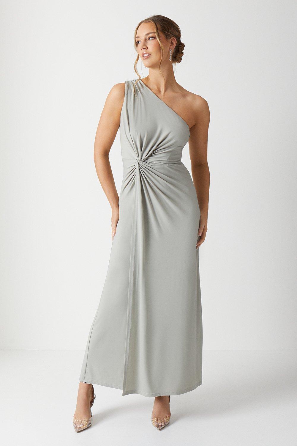 Twist Detail One Shoulder Jersey Bridesmaids Dress - Sage
