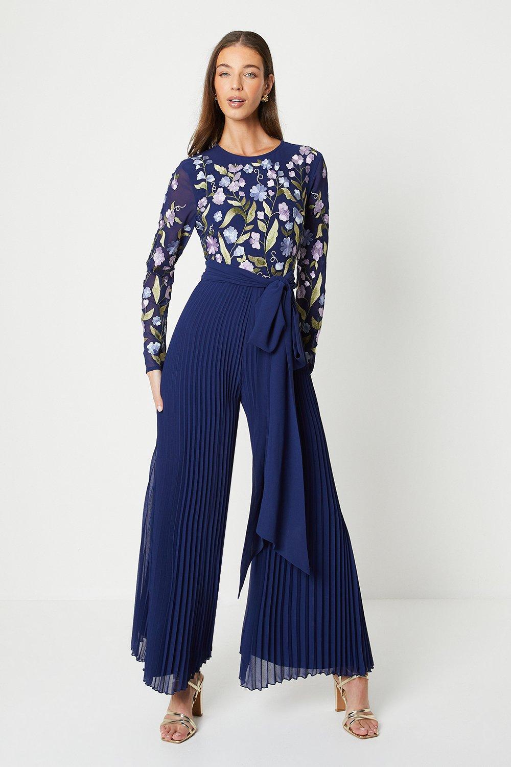 Embroidered Top Pleated Trouser Jumpsuit - Navy