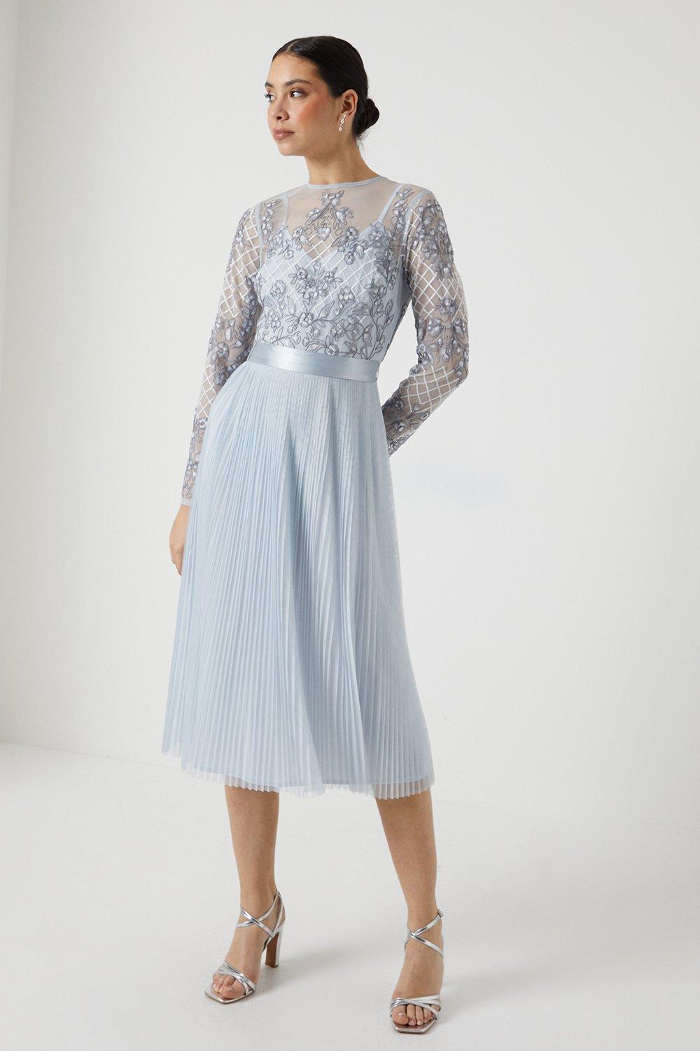 Premium Embroidered Bodice Pleat Skirt Bridesmaids Dress - Ice Blue