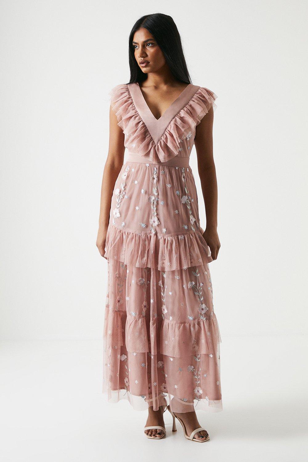 Petite Embroidered Wildflower Mesh Bridesmaids Maxi Dress - Pink