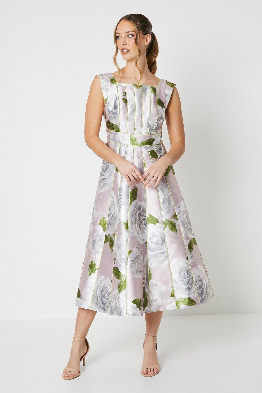 Printed Twill Seamed Midi Dress With Piping - Pink