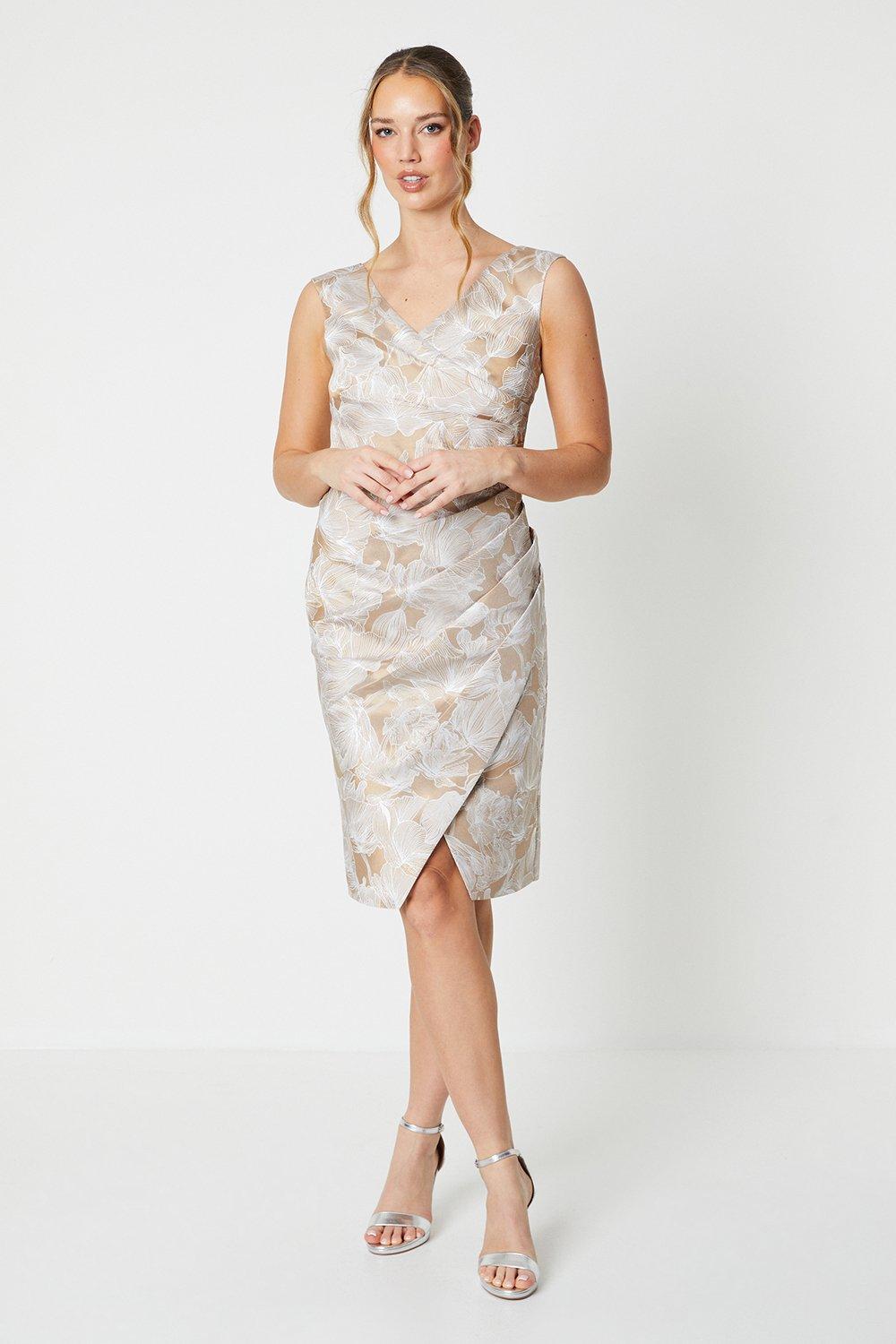 Jacquard Dress With Pleat Wrap Waist - Champagne