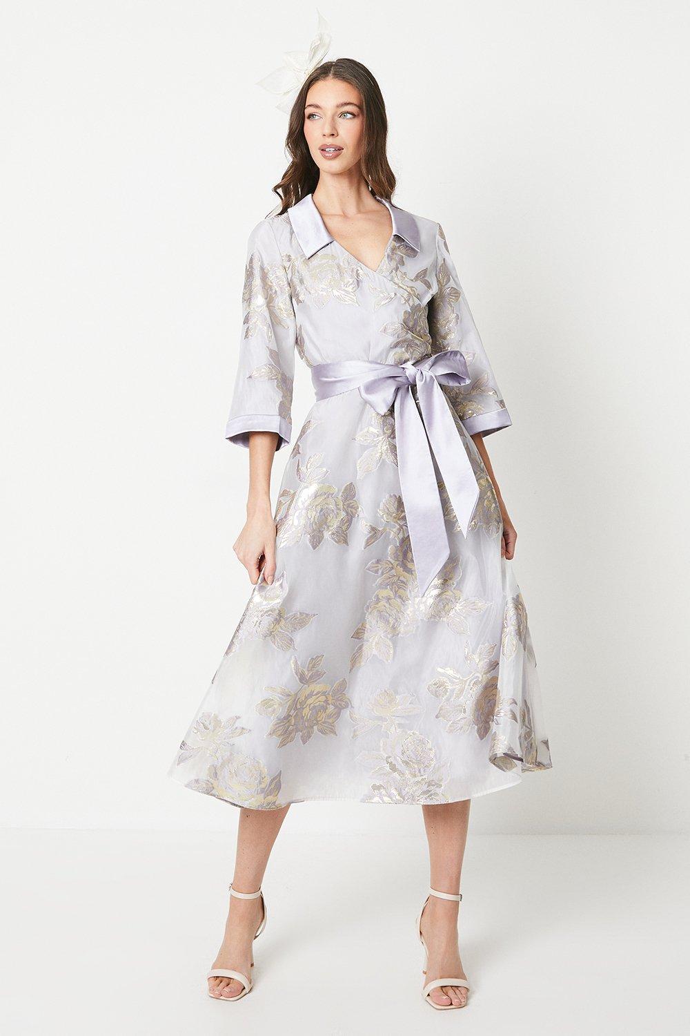 Metallic Jacquard Wrap Midi Dress - Lilac