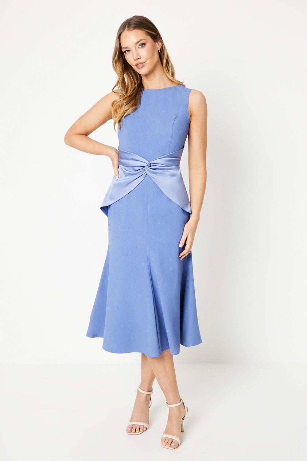 Twist Detail Satin Back Crepe Midi Dress - Blue