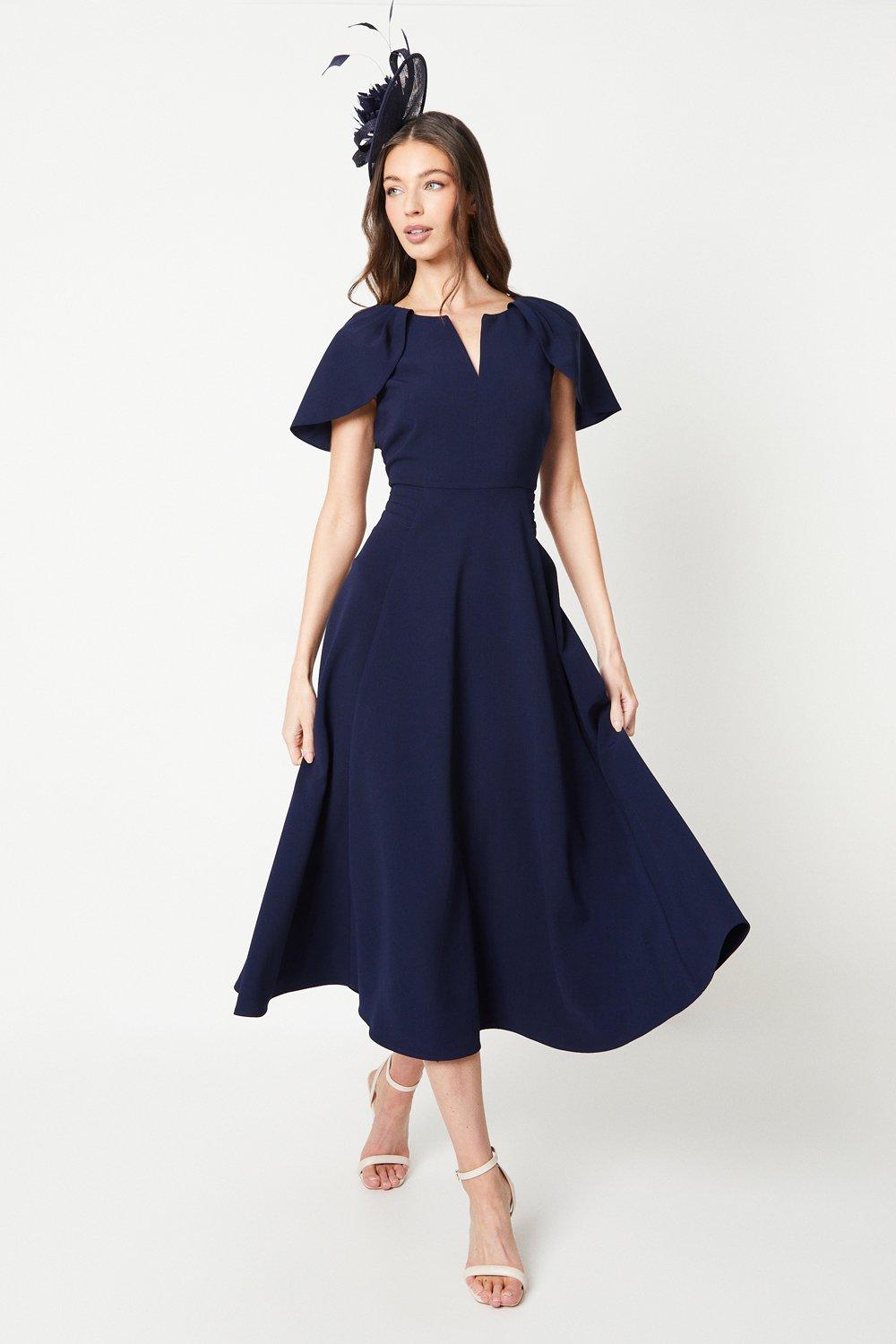 Crepe Cape Sleeve Notch Neck Midi Dress - Blue