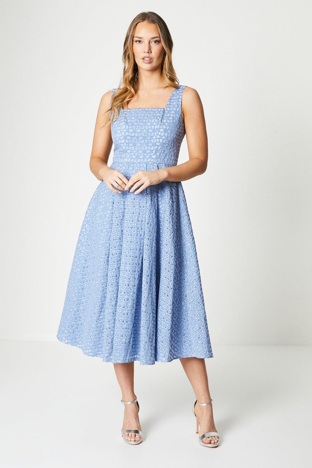Lace Square Neck Midi Dress - Blue
