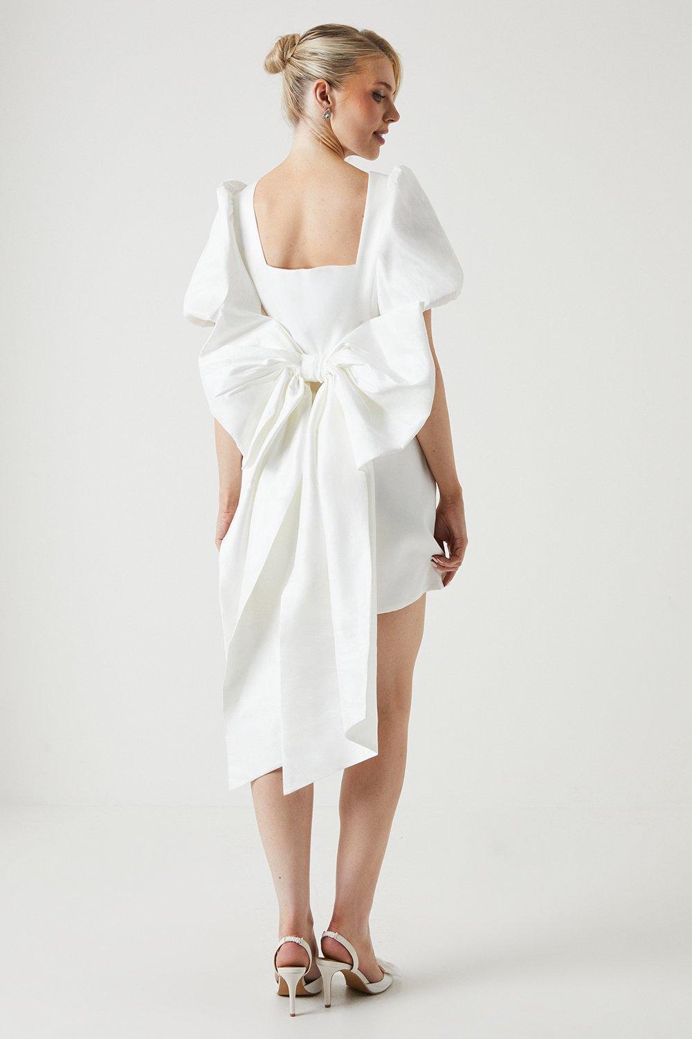 Taffeta Bow Back Puff Sleeve Mini Dress - Ivory
