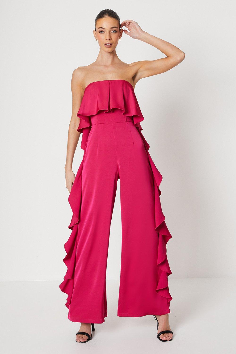 Satin Bandeau Jumpsuit With Ruffle - Pink
